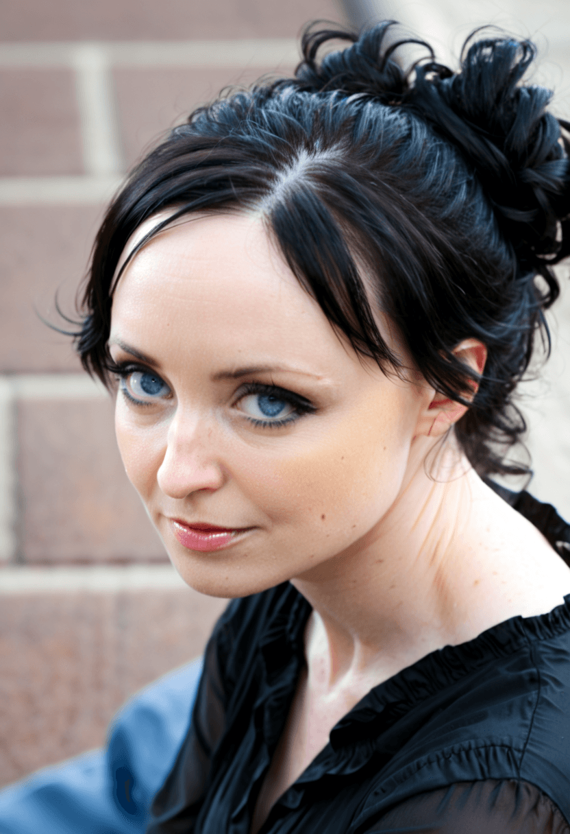 AI generated: This is a photograph of a woman from the side and a high angle while sitting outside on a city bench...