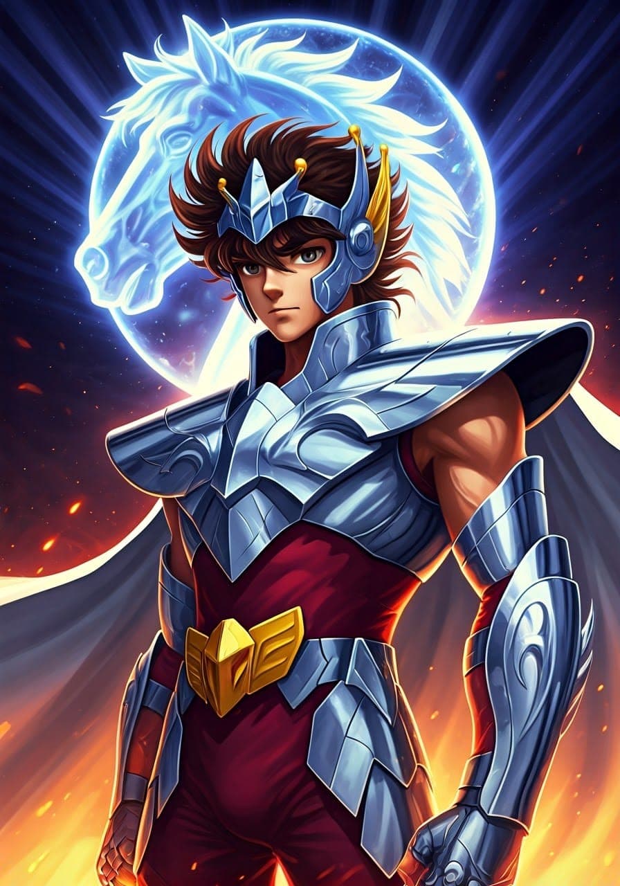 AI generated: A breathtaking digital painting of Pegasus Seiya from Saint Seiya, captured in a heroic stance radia...