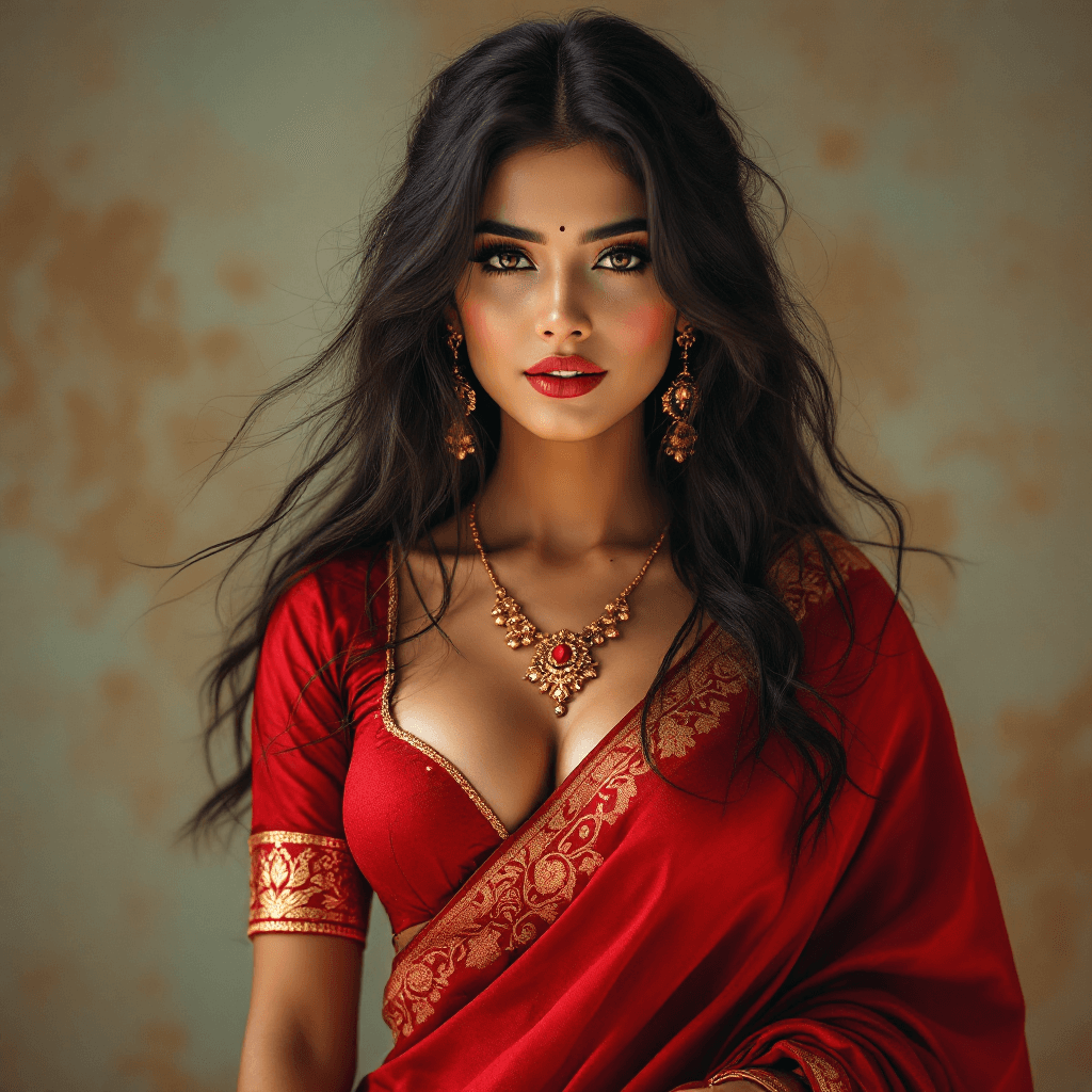 AI generated: Beautiful Indian white girl wearing red saree and deep mini top and she has big chest and long legs ...