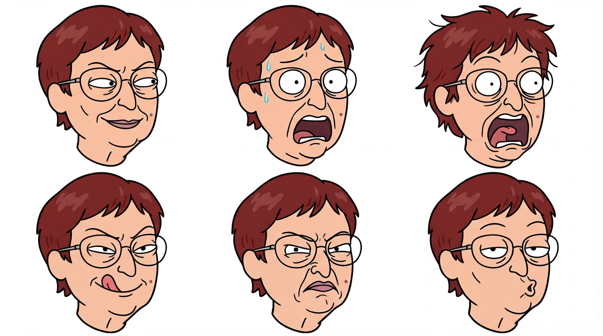 AI generated: Create different facial expressions. Character sheet. Stealing face, scared expression wide open mou...