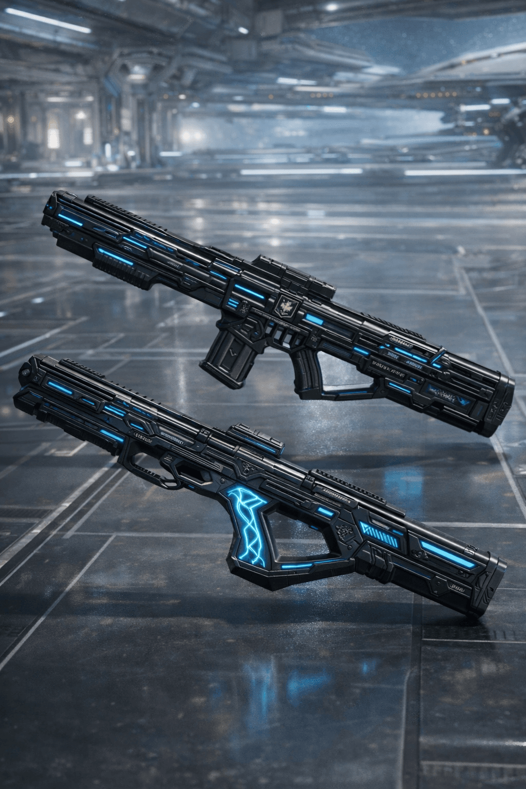 AI generated: Create an image where the characters are removed and their weapons are displayed. Display the weapon...