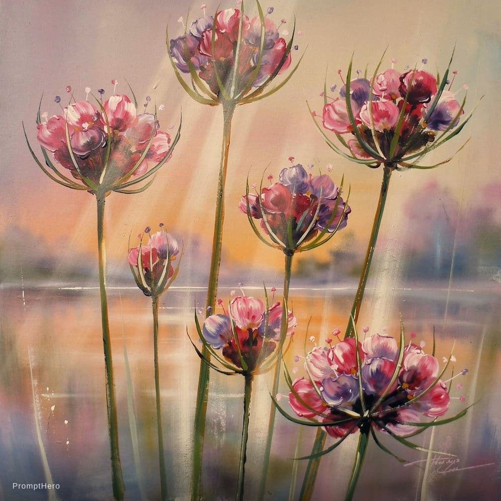 AI generated: Abstract painting of vibrant flowers with pink and purple petals and green stems around each delicat...