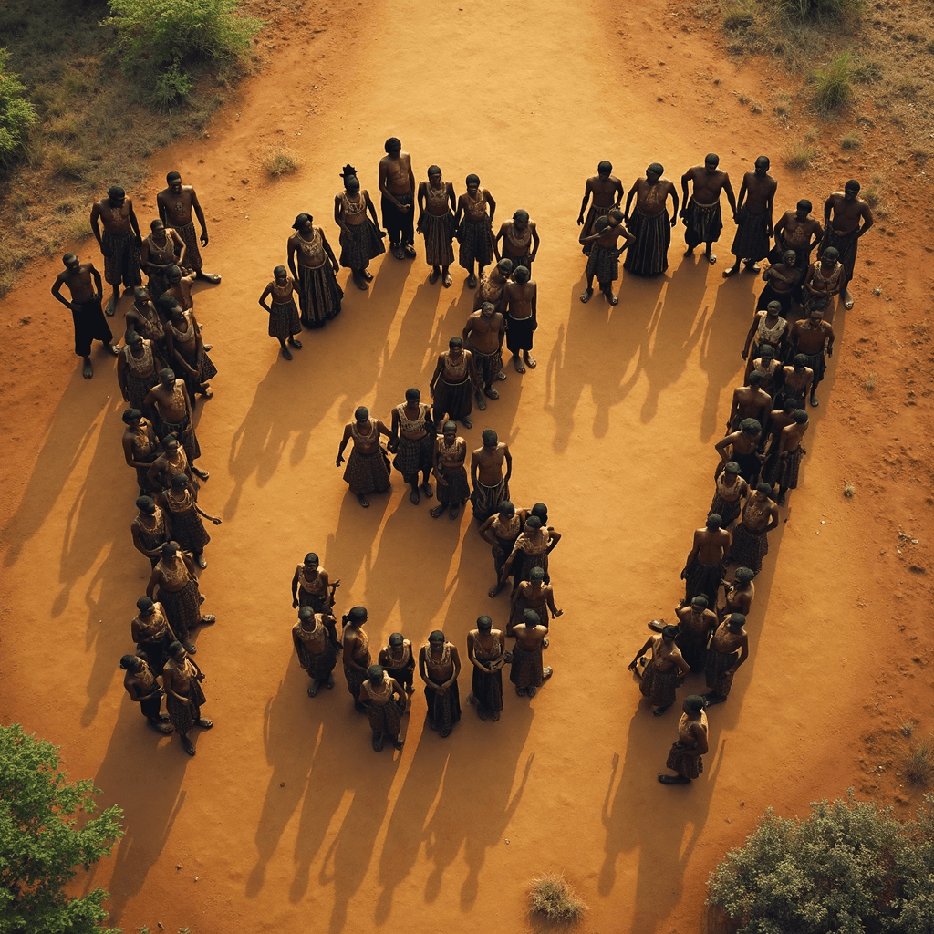 AI generated: top down view of an african village natives standing forming a number "137"