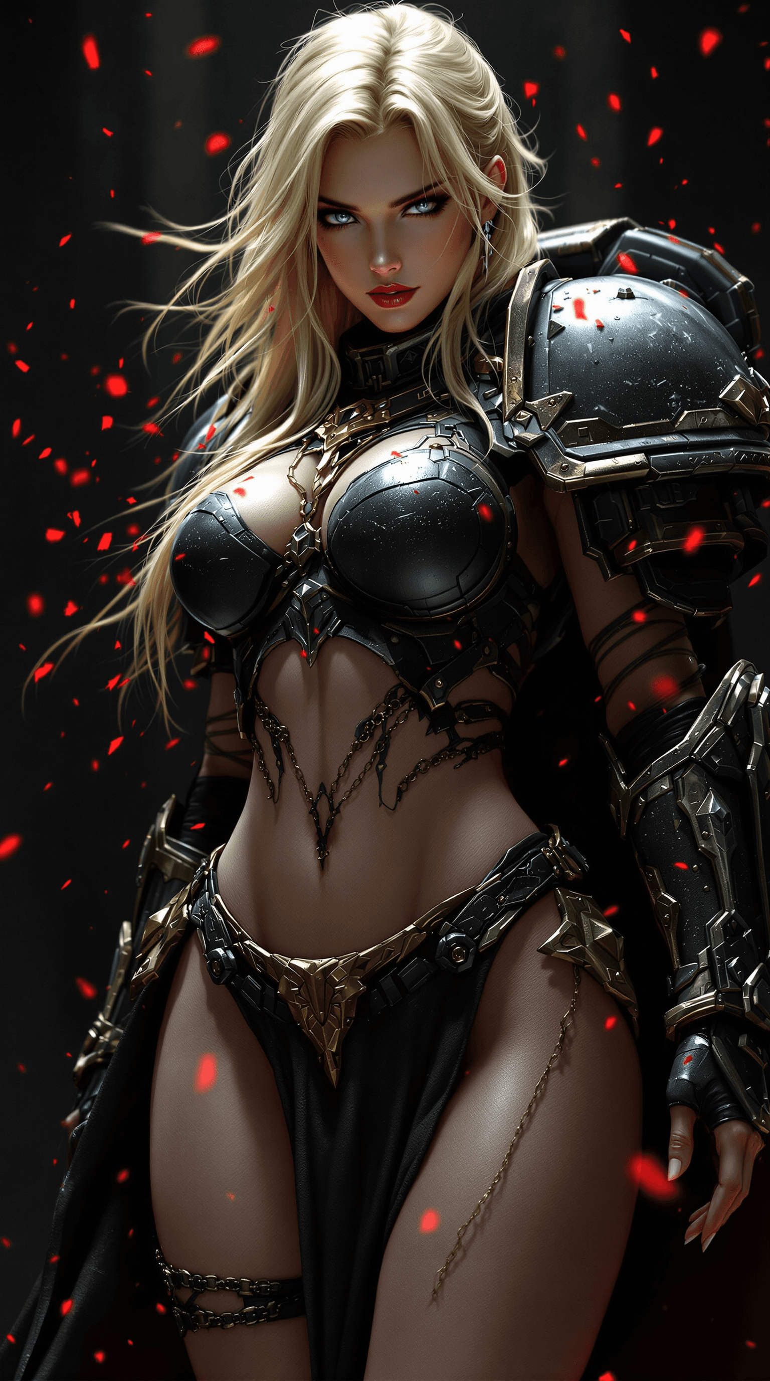 AI generated: dynamic angle, full body view, realistic, female space marine, blonde hair, armored, pelvic curtain,...