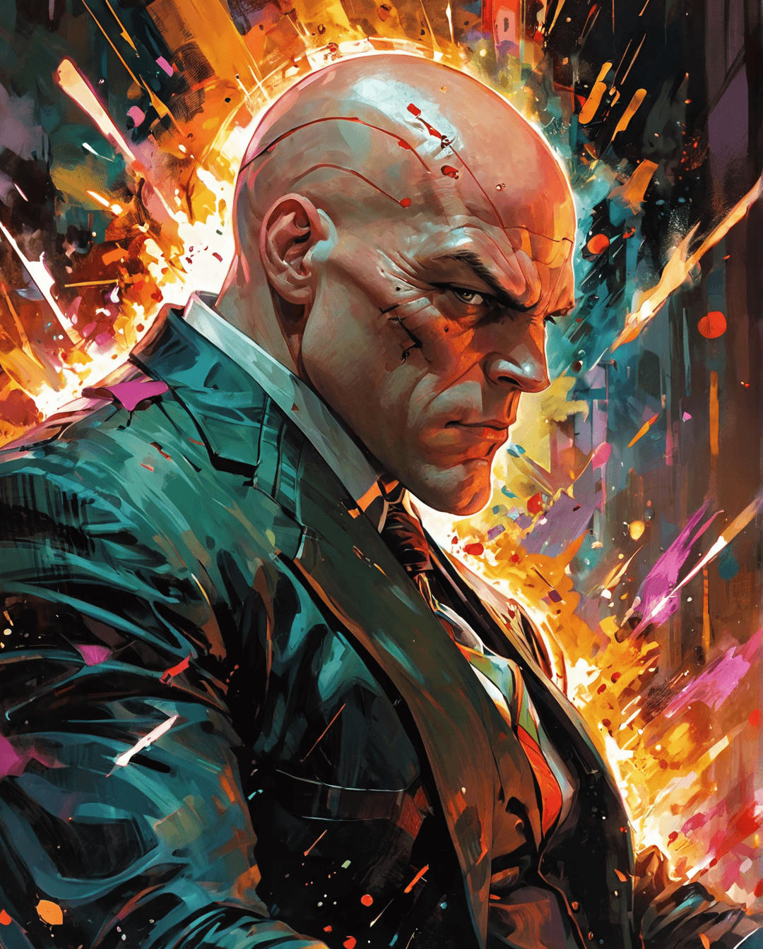 AI generated: abstract style abstract expressionist painting a close-up portrait of Lex Luthor in a suit sitting a...