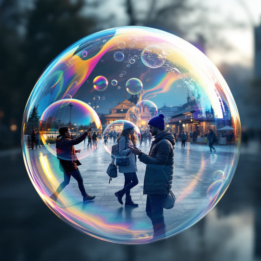 AI generated: Photorealistic style soap bubbles with reflections of people and places on their surfaces inside the...