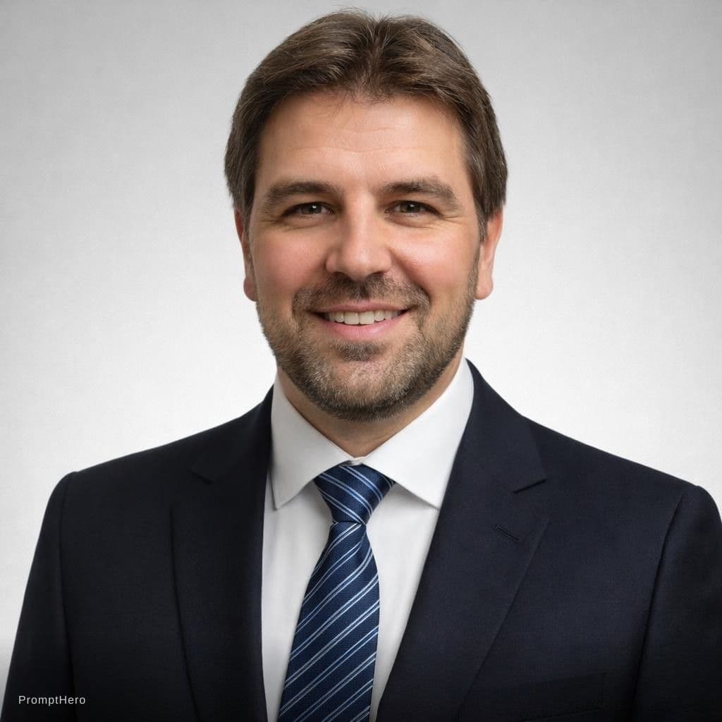AI generated: Professional LinkedIn photo, man in a dark suit, neutral background, photorealistic, 8k --cref https...