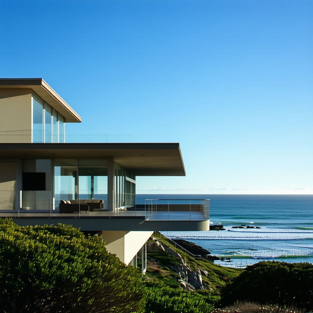 AI generated: Hyper realistic eye level exterior photo of a mid century modern style house overlooking the ocean, ...