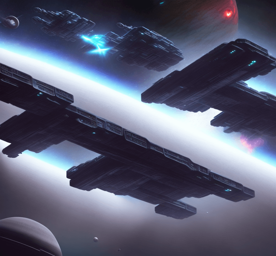 AI generated: a Nostromo like spaceship is cruising thru deep space toward a desert icy planet.. Futuristic city a...