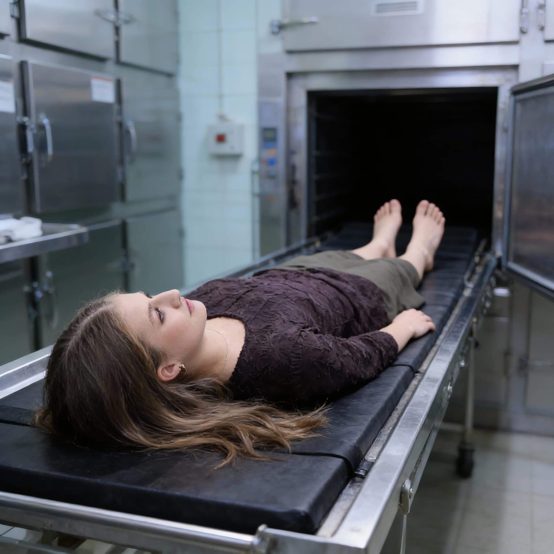 AI generated: dead girl lying on morgue table, , view from the side. bare feet