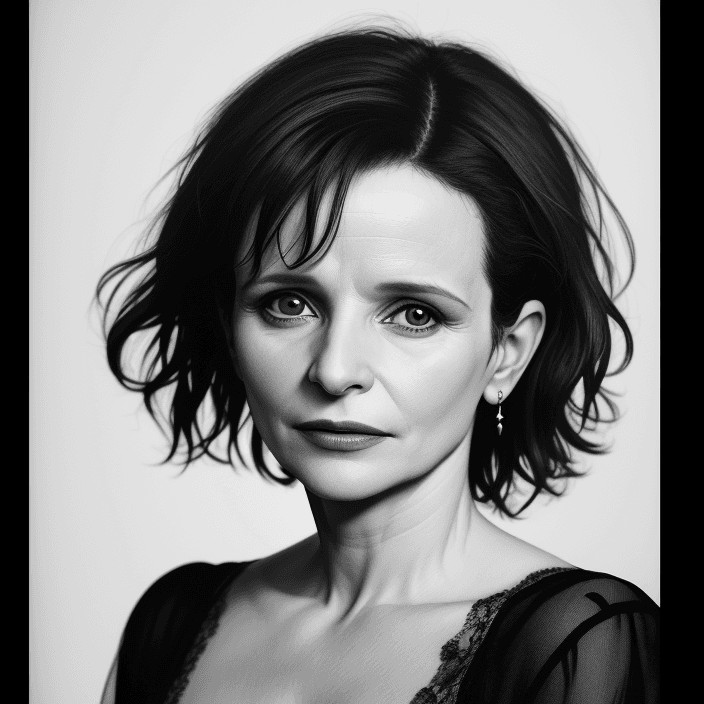 AI generated: Portrait of French Actress Juliette Binoche, in the style of Photographer Irving Penn, daylight stud...