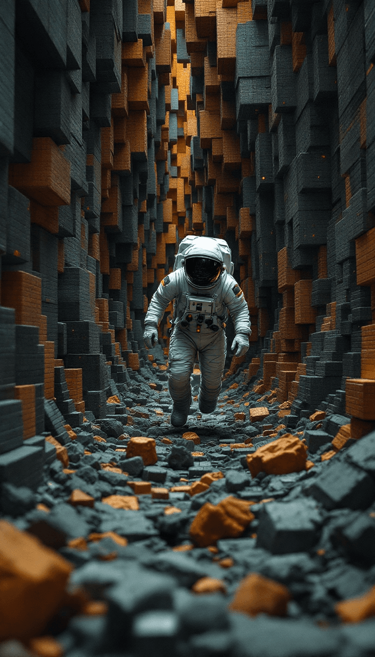 AI generated: wide angle photo of an astronaut:: minimalist space metal basket weaving blocks, in the style of mov...
