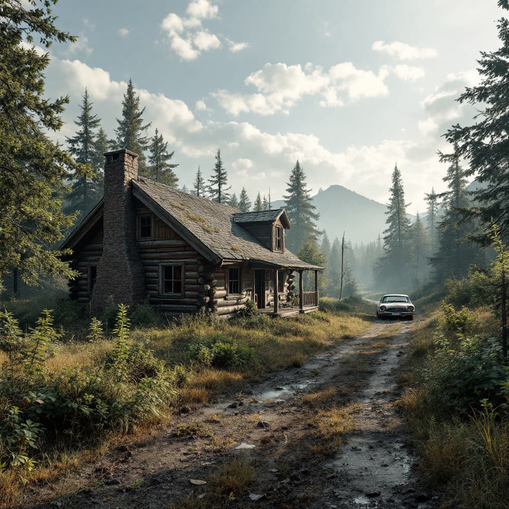 AI generated: The image shows an old, dilapidated gas log cabin along side a over grown dirt road.  There is a bro...