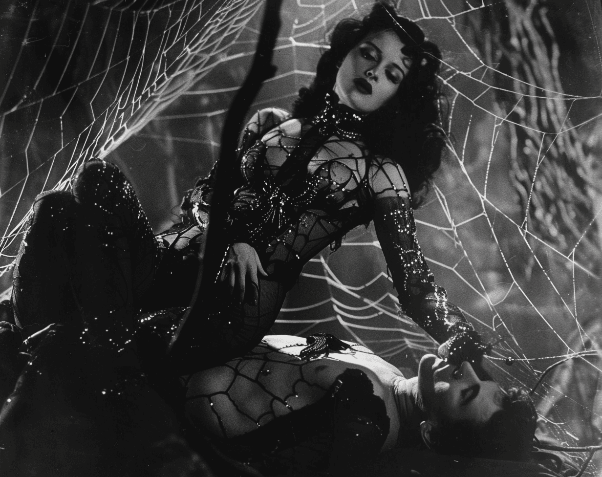 AI generated: A close-up of an old black and white screen grab from the movie The Spider Wrate, featuring a spider...