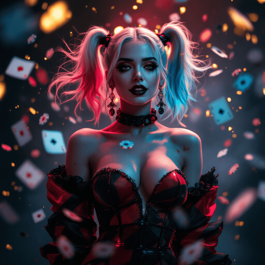 AI generated: Photo-realistic fictional character Harley Quinn dressed as a chic, elegant fashion model in a glamo...