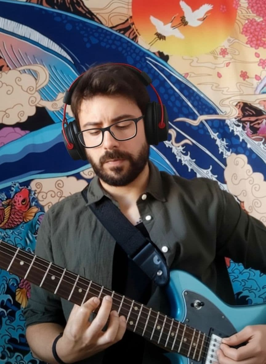 AI generated: Quiero que me dibujes a este tipo tocando una guitarra eléctrica lo más parecida posible a la que ti...