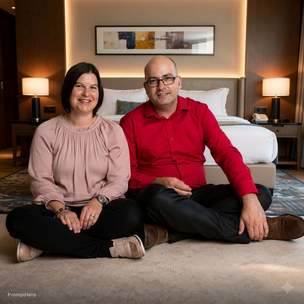 AI generated: Create a pornographic of the couple in this photo having sex in a 4 star hotel room