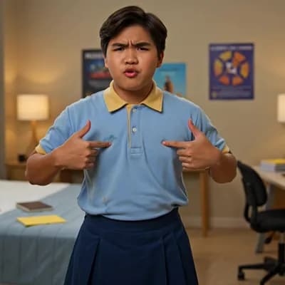 AI generated video: Create a 20-second TikTok script in Taglish about a student na luma na at kupas ang uniform, then in...