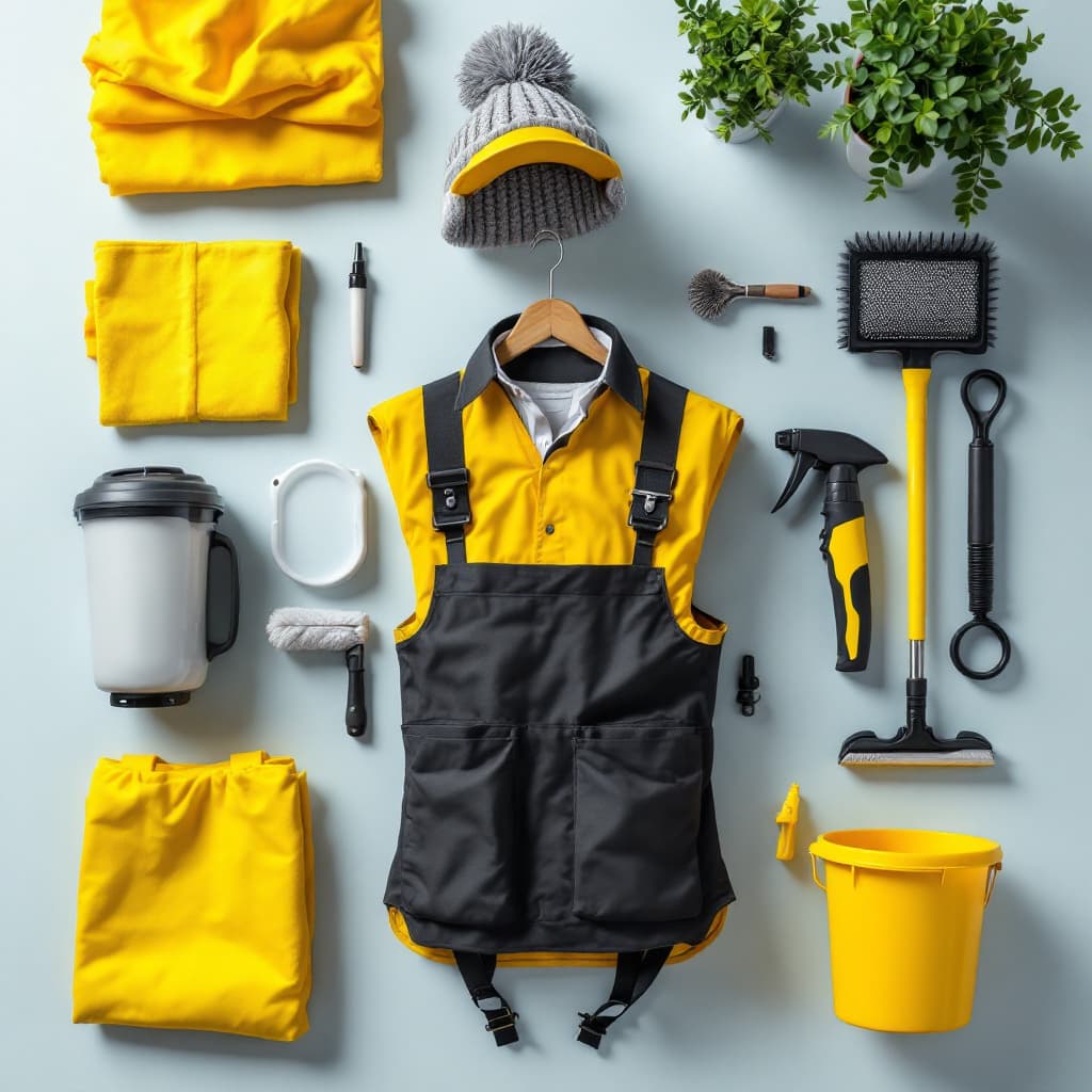 AI generated: a flat lay photography of a A service agent in an industrial cleaning company specializing in hygien...