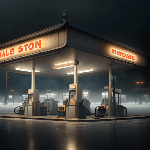 AI generated: a highly detailed matte painting of a single gas station with a sign in the fog by studio ghibli, ma...