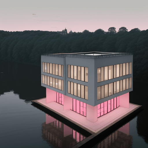 AI generated: 
Single-family home in Bauhaus style by the lake. View of the house from diagonally above, the house...