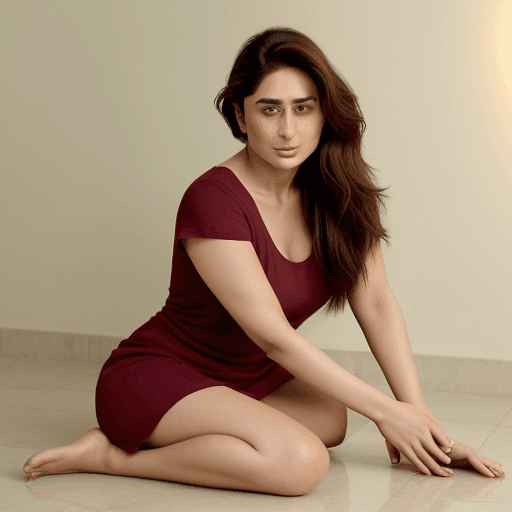 AI generated: The woman Kareena Kapoor is sitting on the floor with her legs bent and tucked to the side. Her righ...