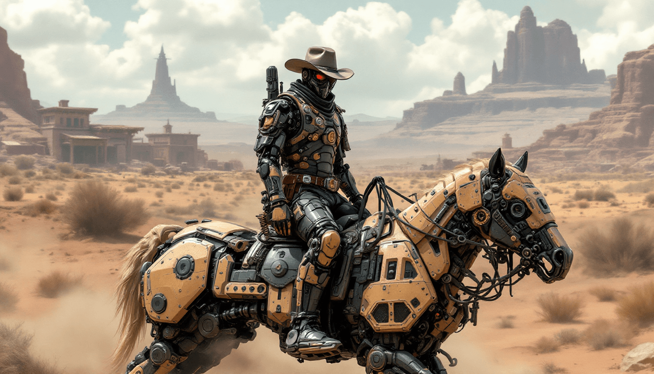 AI generated: A cyber-enhanced cowboy in the 'Cybernetic Wild West', with robotic limbs and high-tech gear, riding...