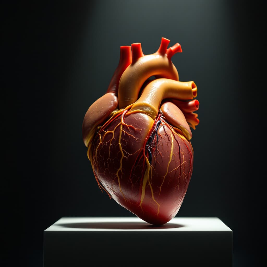 AI generated: High resolution photography of a human heart with blood vessels also the cut of aurta and pulmonary ...