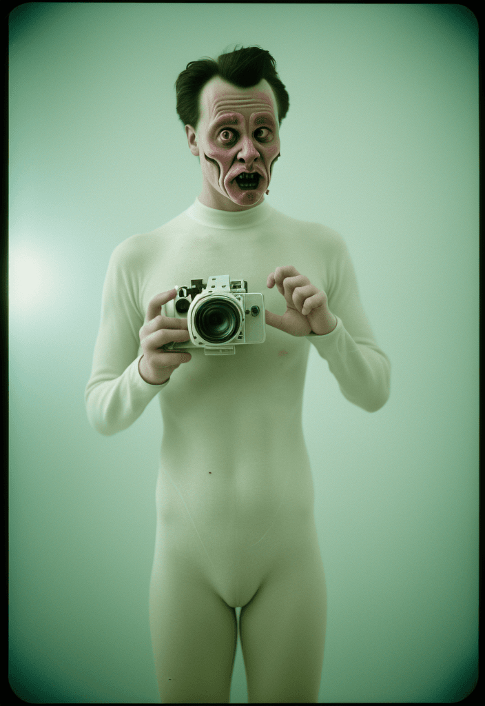 AI generated: bizarre absurdism, strange funny elements movie scene still, white light, expired film , 35 mm, Koda...