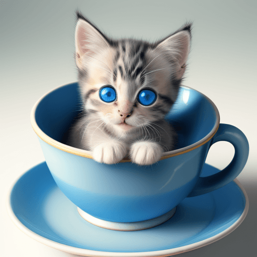 AI generated: kitten sitting with a heart and big blue eyes inside a cup