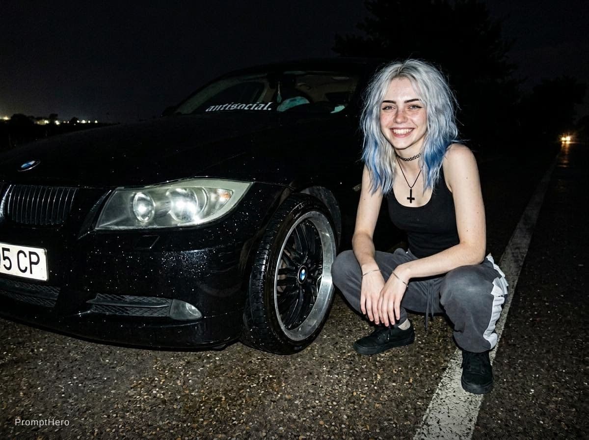 AI generated: make an image of the girl asian squating next to the car theres a flash towards her and she is grinn...
