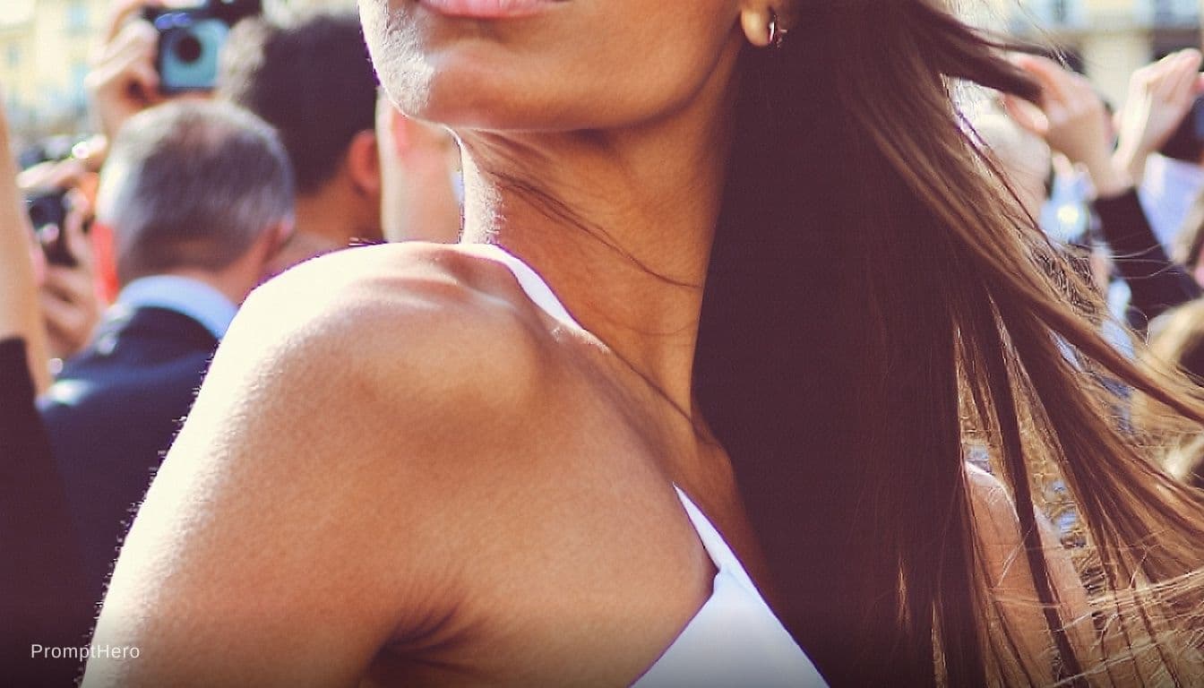 AI generated: Paparazzi-style extreme close-up photo of a woman with striking facial features, caught off-guard wh...