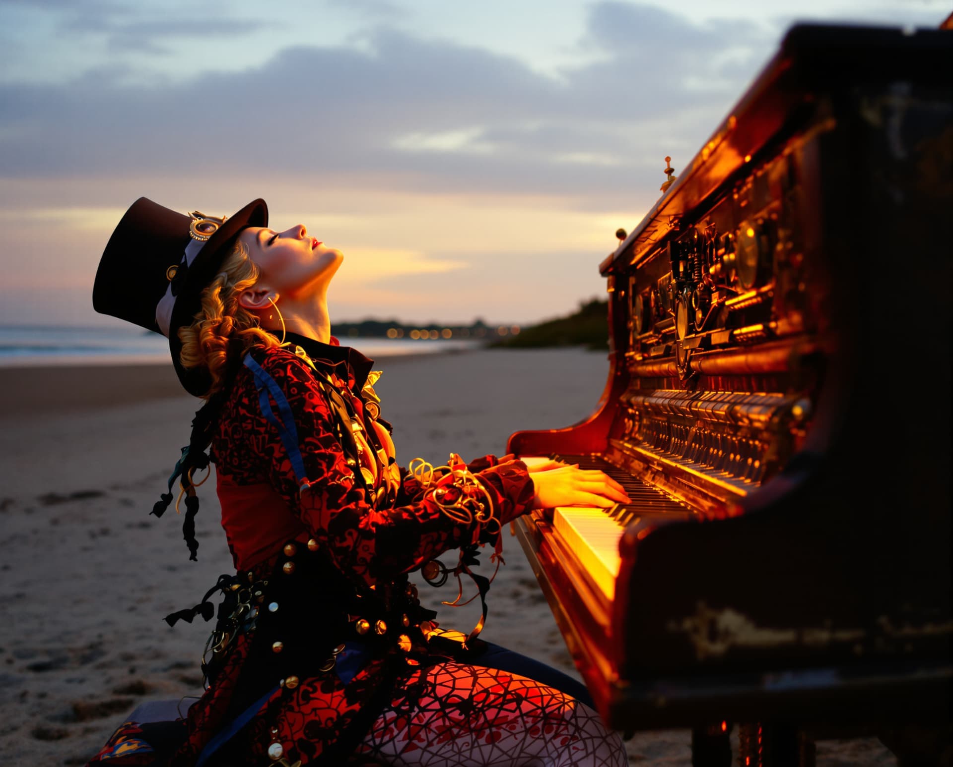 AI generated: Image is a dramatic, artistic photograph featuring a person playing a piano on a beach at dusk. The ...