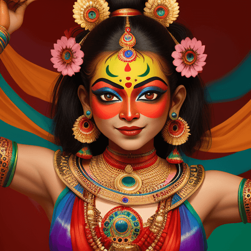 AI generated: a kathakali dancer from india with beautiful and vibrant colors makeup and expressive eyes