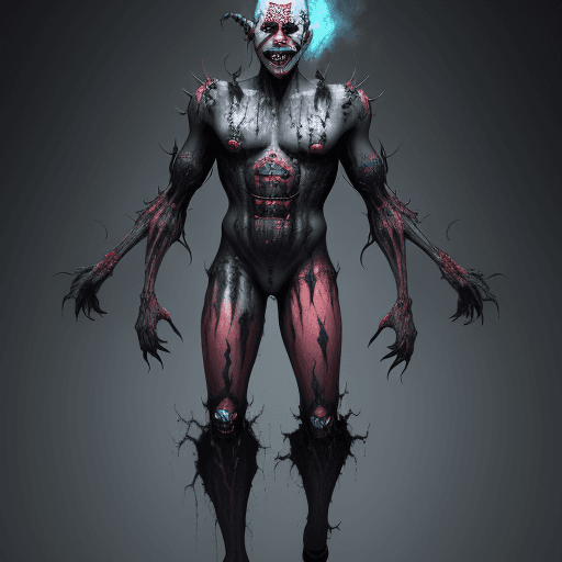 AI generated: a nightmarish appearance of the evil demonic clown, his makeup smeared with fresh paint, cyborg impl...