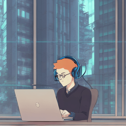 AI generated: 
high definition anime portrait of a developer man sitting at a desk writing code in a laptop, with ...