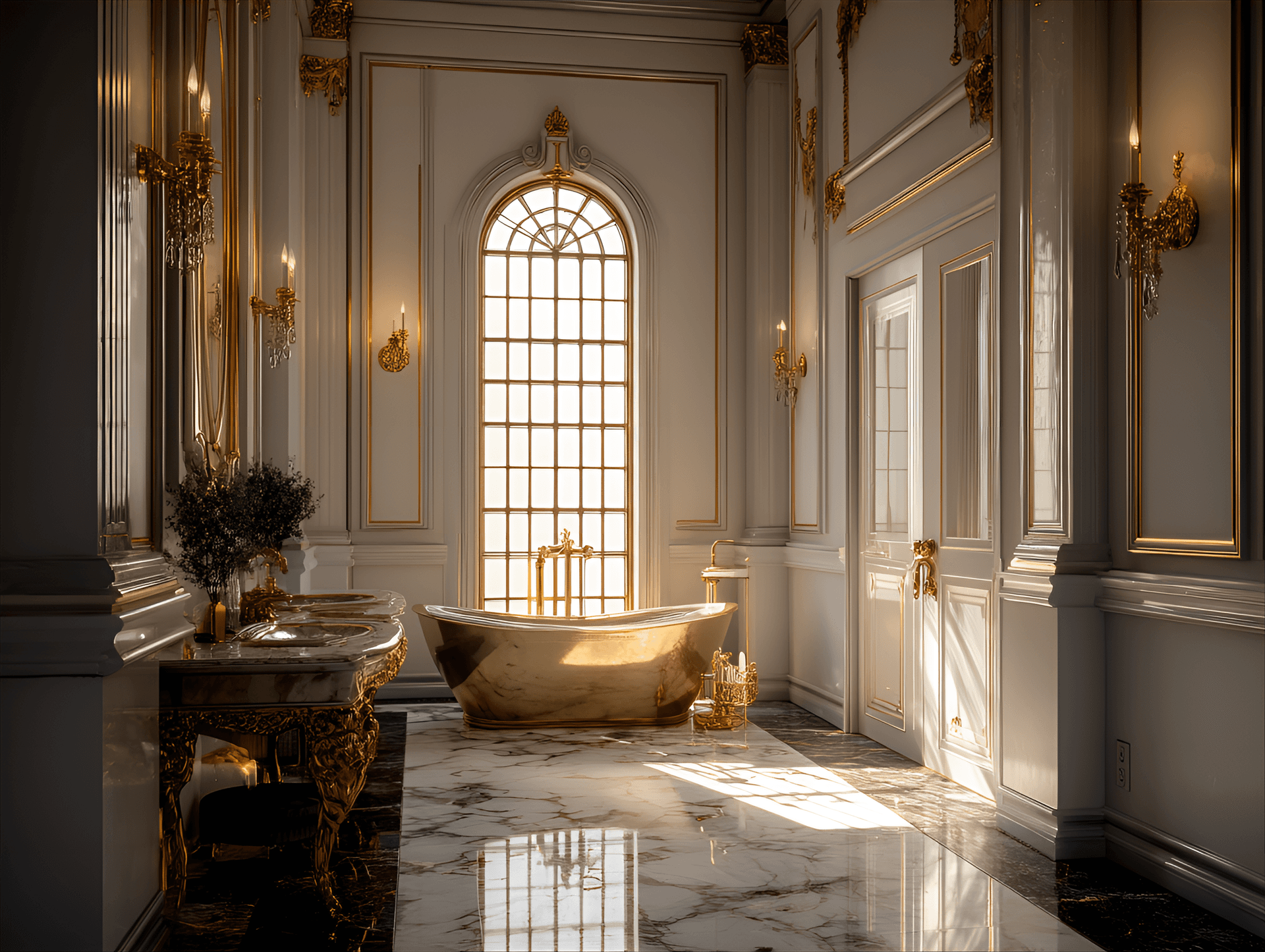 AI generated: A luxurious and elegant bathroom in a Neoclassical-style mansion, with marble floors, a freestanding...