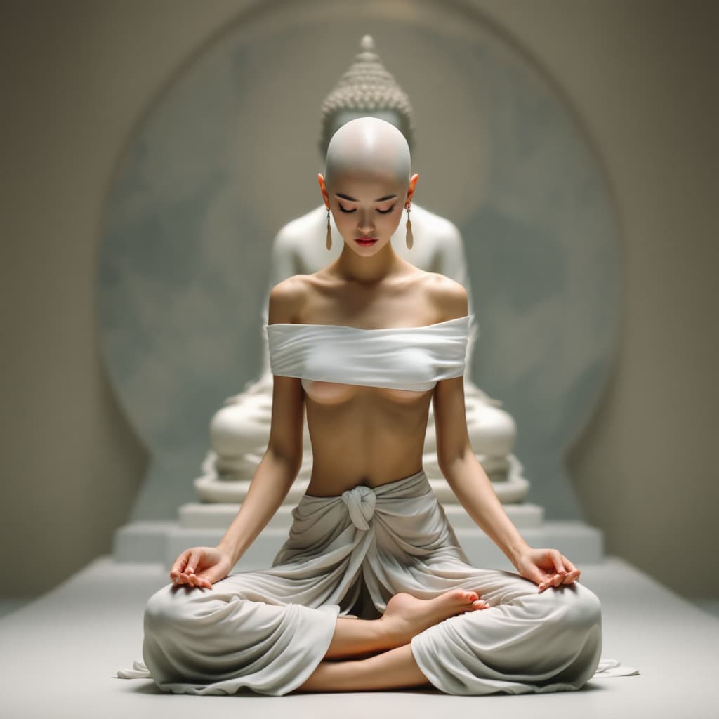 AI generated: Full body view of a bald beautiful korean woman, white band covering the chest, low-waisted skirt ba...