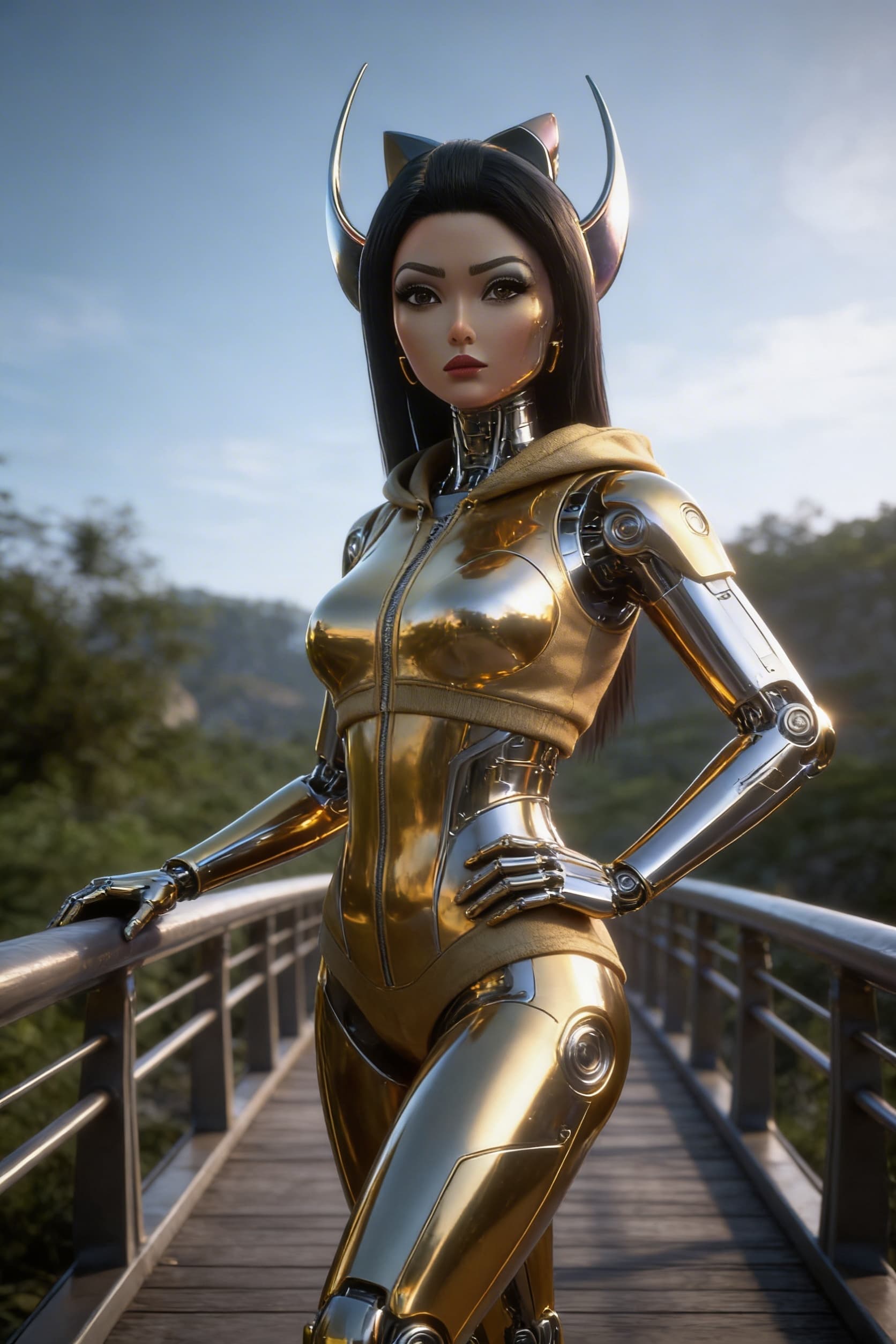 AI generated: Be inspired and create from reference. a golden-silver being, powerful, loving. From flesh to sleek ...
