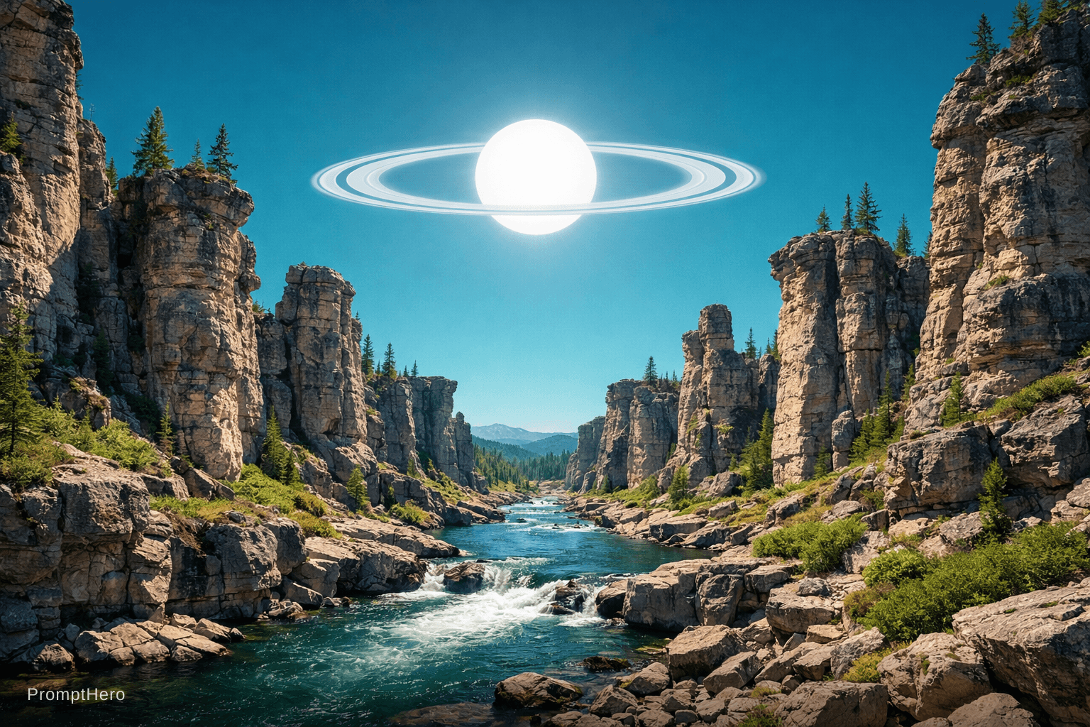 AI generated: a scenic landscape of pillared rocks and river running through them but the sky has a more teal colo...