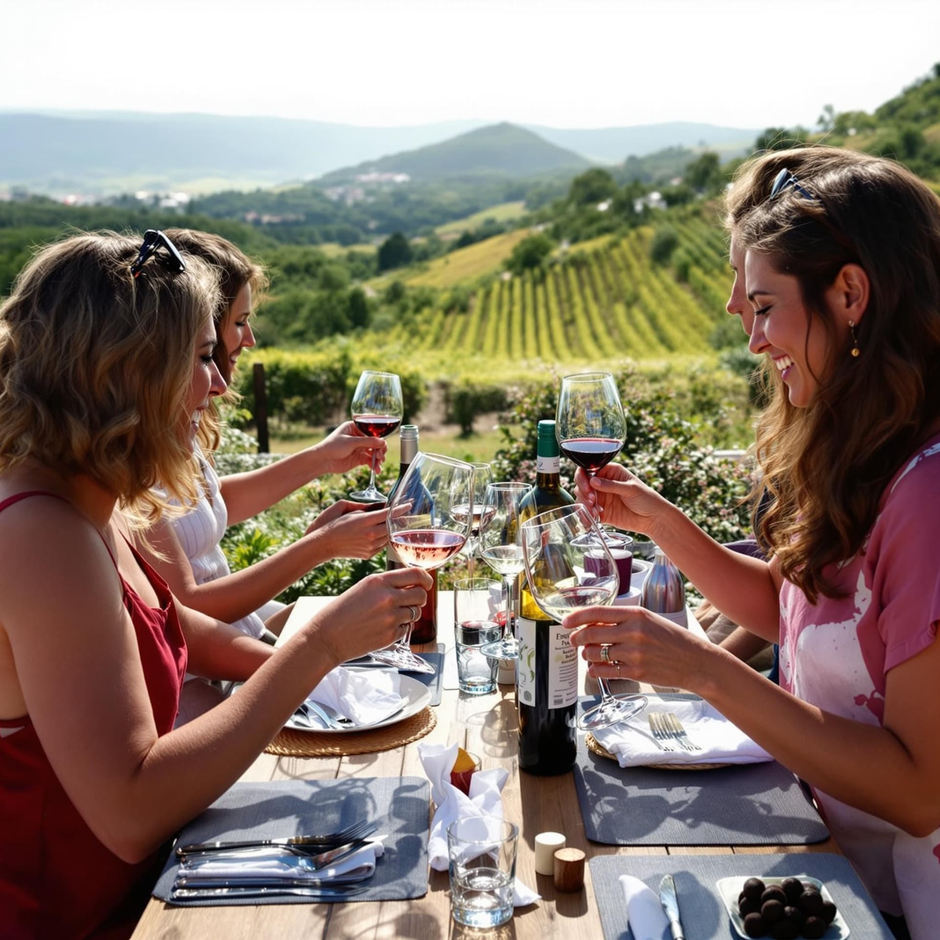 AI generated: wine tasting in portugal, team building, happy group, startup retreat