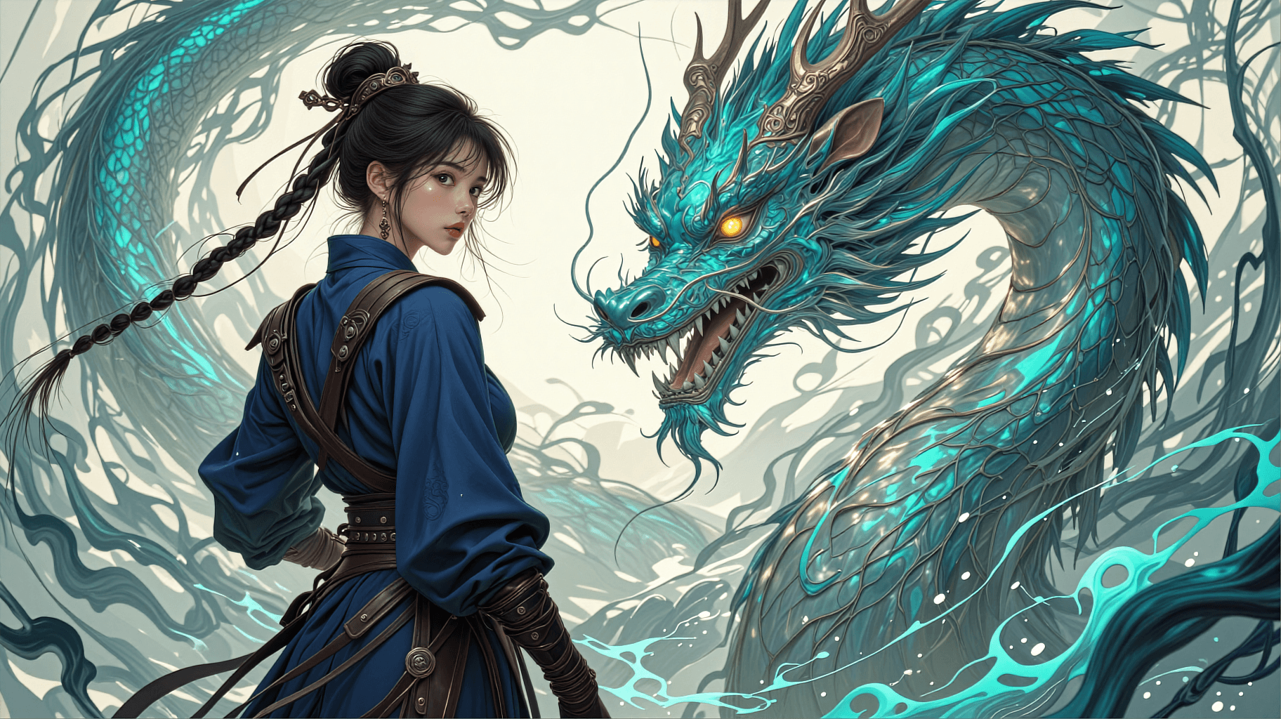 AI generated: A wide-angle horizontal digital masterpiece of a stoic East Asian female warrior in deep indigo trad...