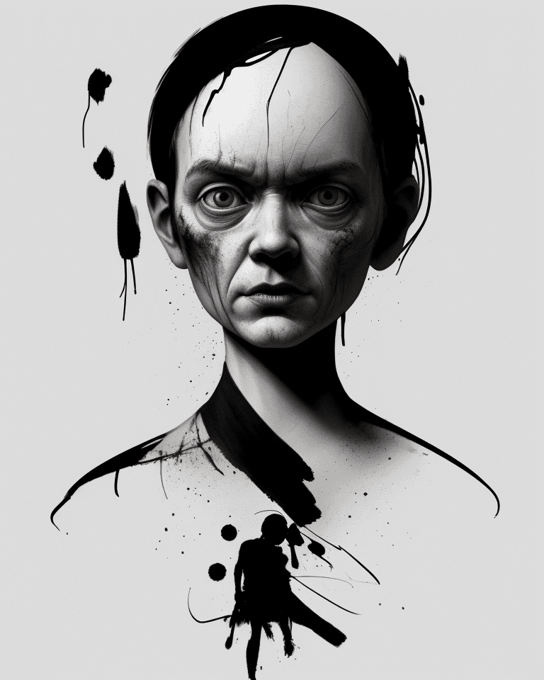 AI generated: Black china ink scribble, , gushed, white background, human figure that launches into the void, fast...