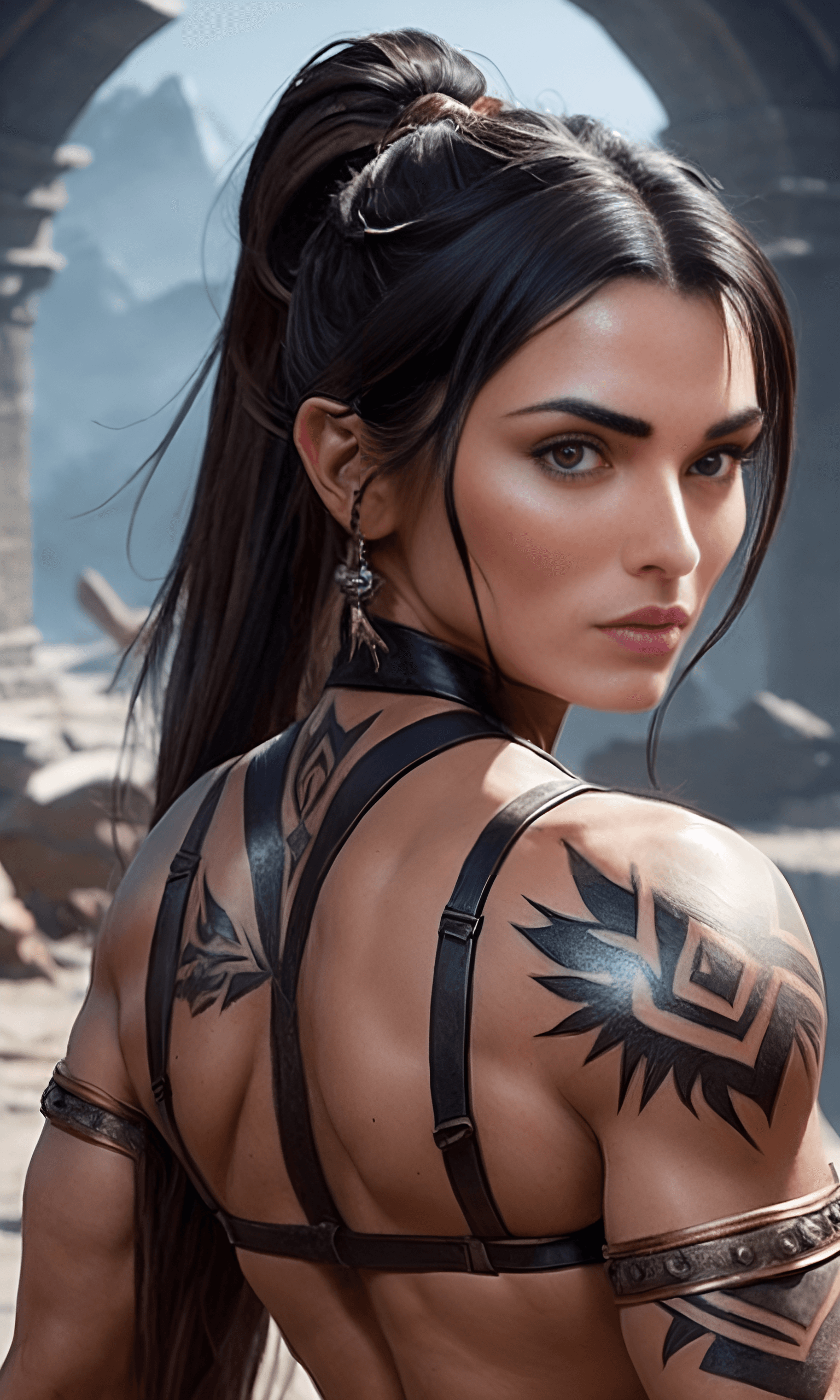 AI generated: A half view portrait of a toned female the tattooed character, long black fantasy hair, detailed, vi...