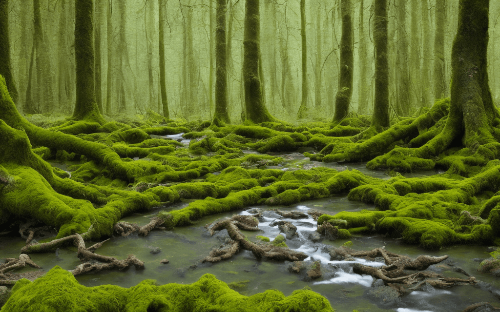 AI generated: A very old European, primeval forest with a small river in the middle. Moss is growing on stones and...