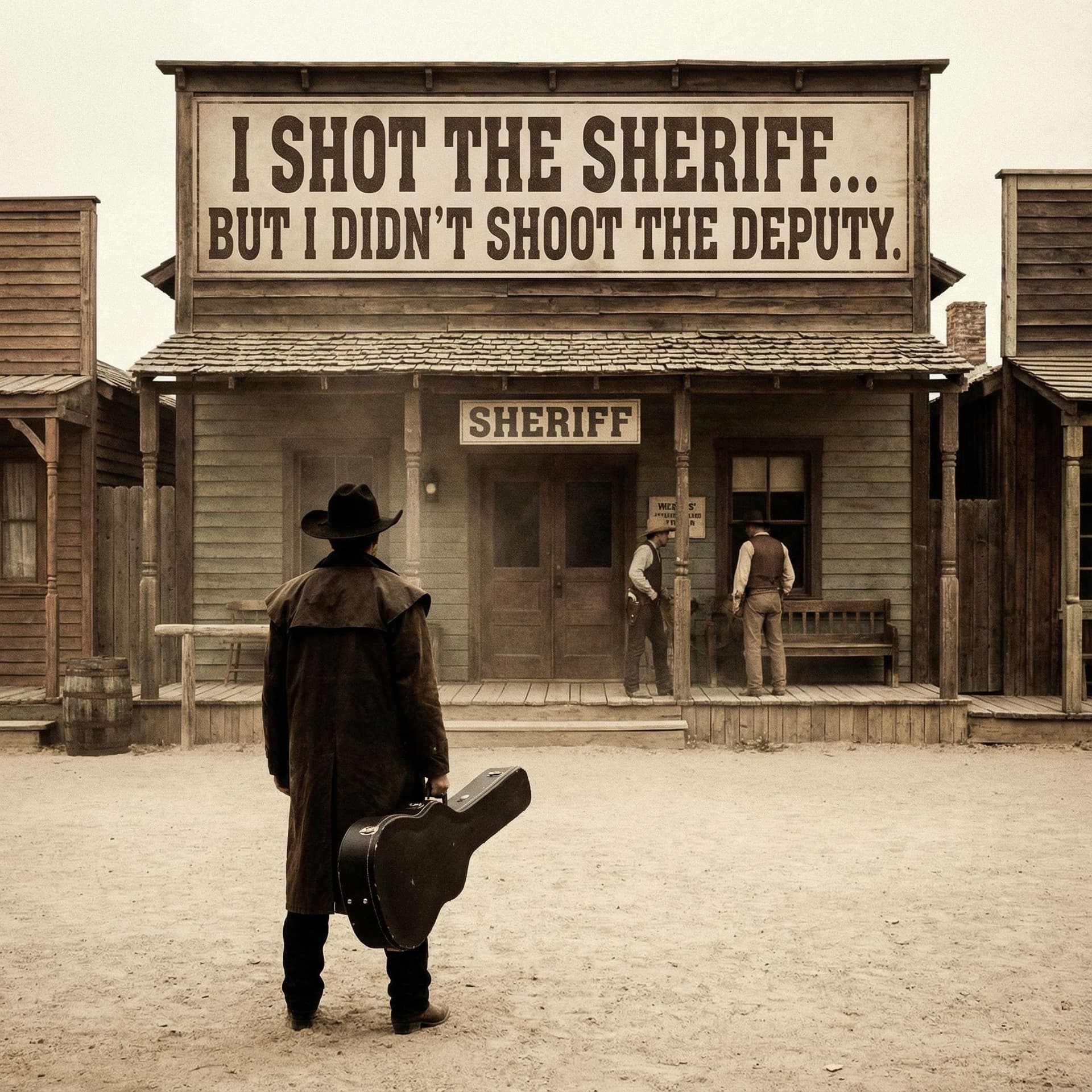 AI generated: image centered: based on the song I shot the sheriff, but did not shoot the deputy