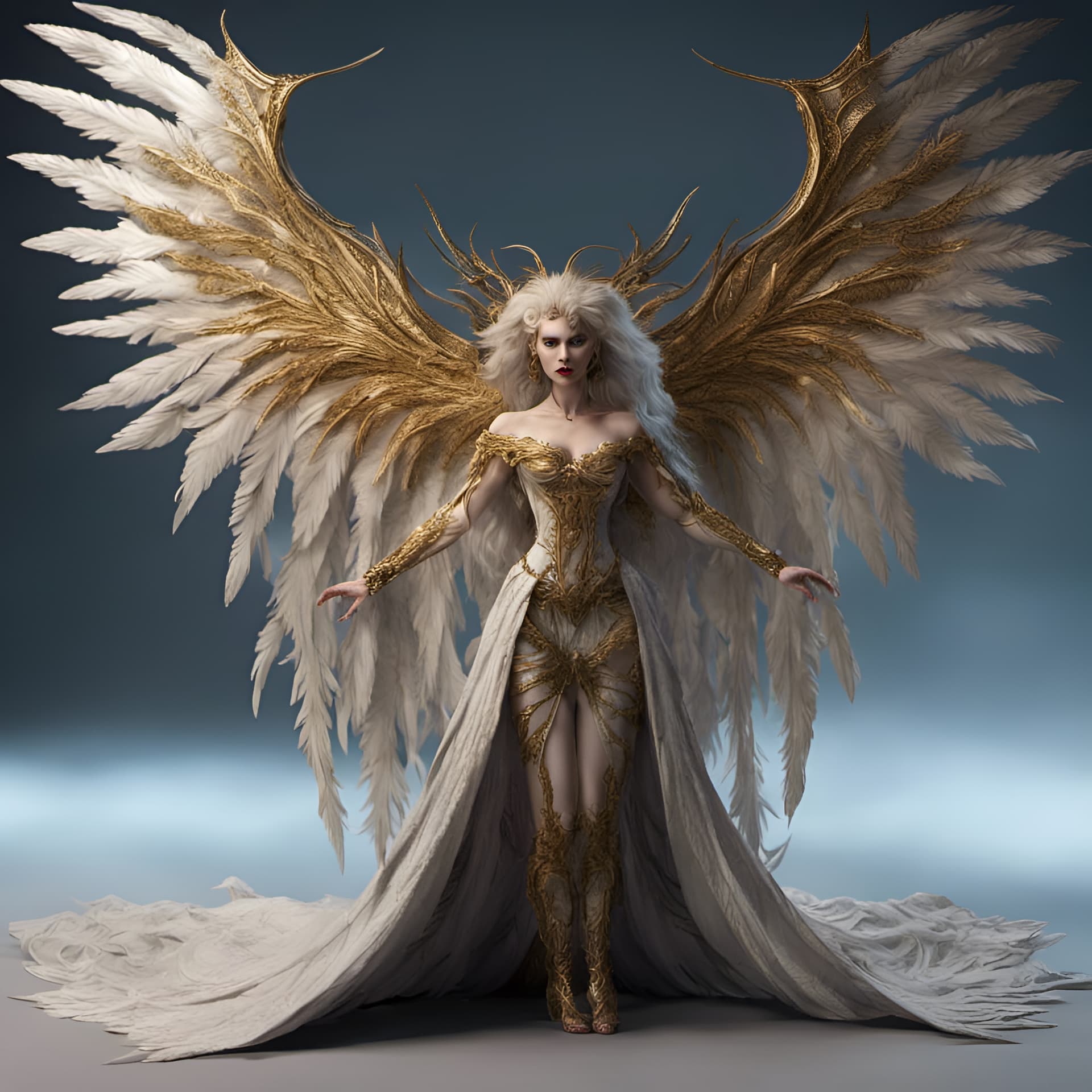 AI generated: magnificent detailed Vampire with bat wings, wings outstretched with gold chrome tips on feathers, i...