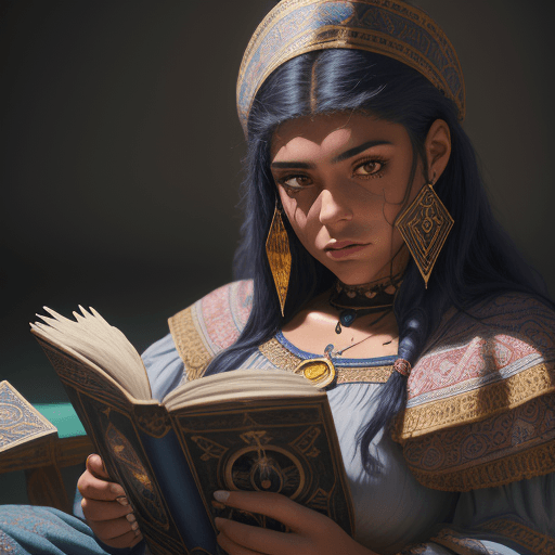 AI generated: 20 year old latina girl, dressed like gipsy, reading tarot cards, face closeup, sit on a mistic room...