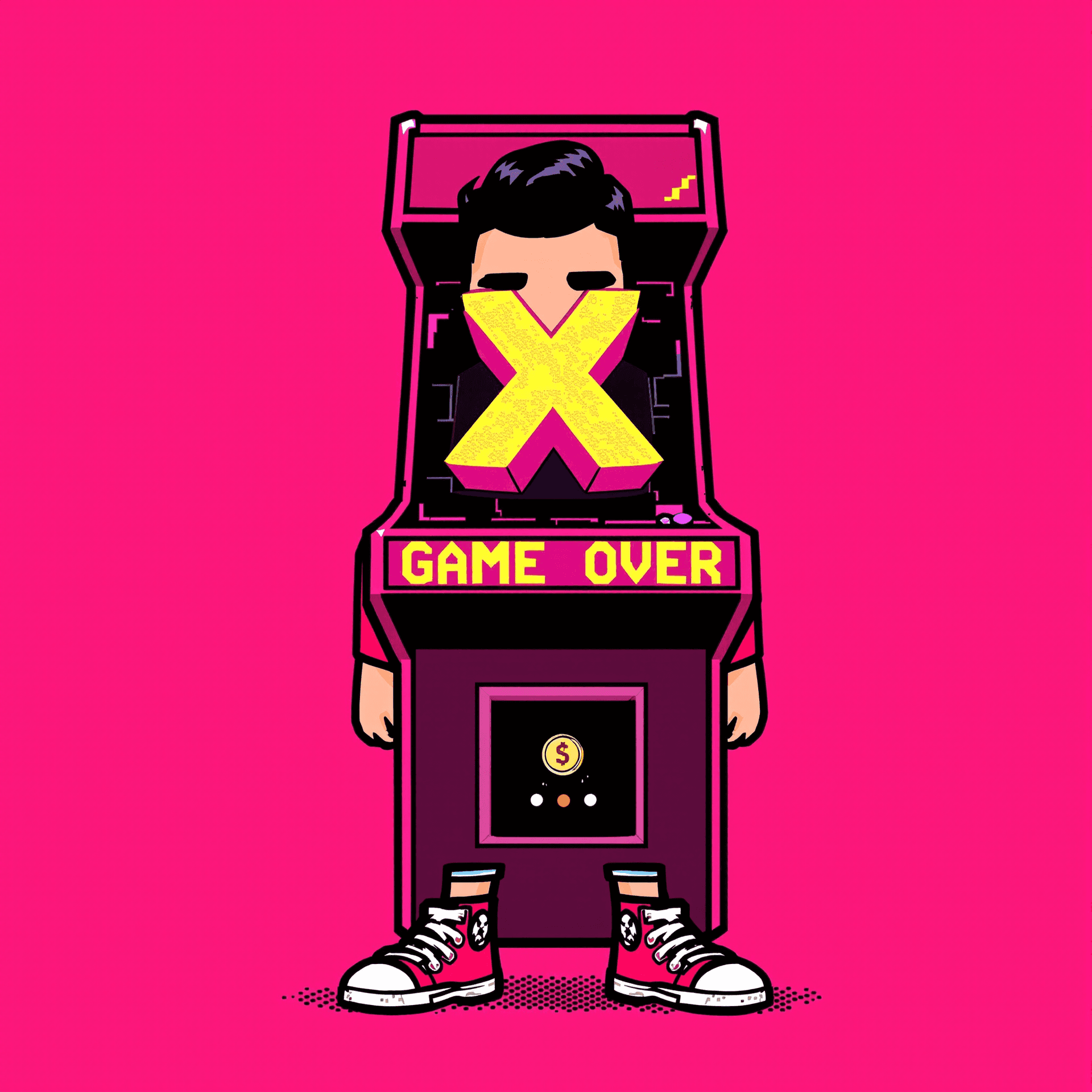 AI generated: Cartoonish figure of a game over man, standing with a vintage arcade cabinet as his body.  Bright ma...
