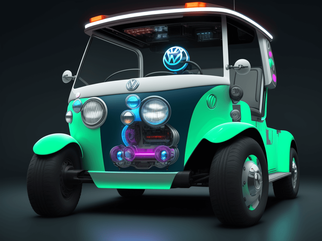 AI generated: VW golf car in robot style, ambulance, electronic circuitry, neon, sunlight, panorama, metallic, det...